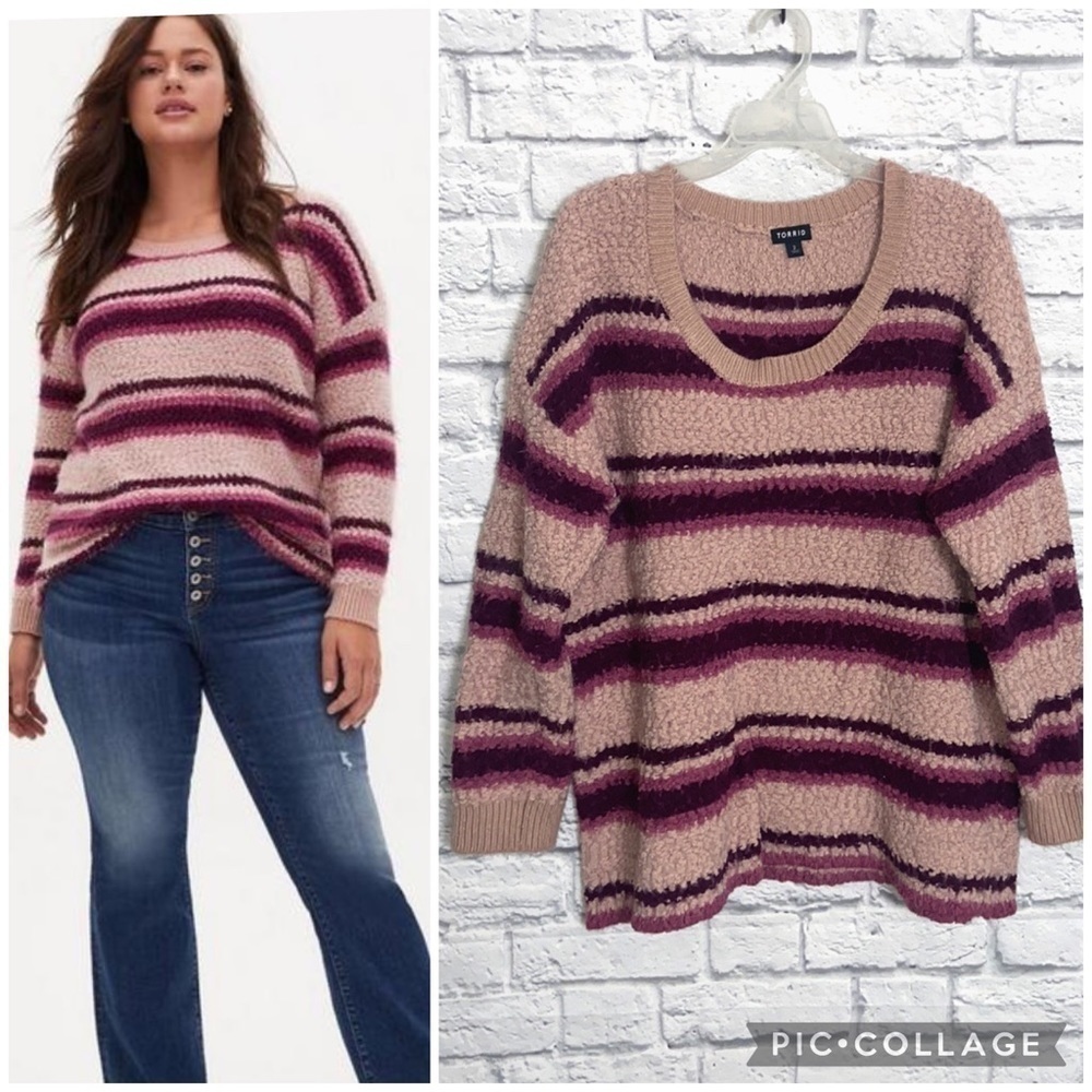 Striped Crew Neck Sweater - Pink and Purple